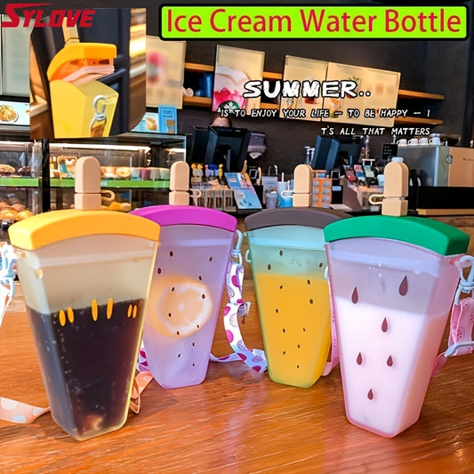 Summer Creative Fruit Ice Cream Shaped Plastic Straw Cup With Strap, Portable Cartoon Water Bottle For Boy Girls Outdoor Sports Travel