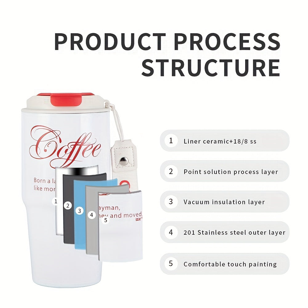 1PC 20oz Coffee Travel Mug With Ceramic Liner, Reusable Coffee Cup, Double Wall Stainless Steel Vacuum Insulated Tumbler, With Leakproof Lid And Portable Rope