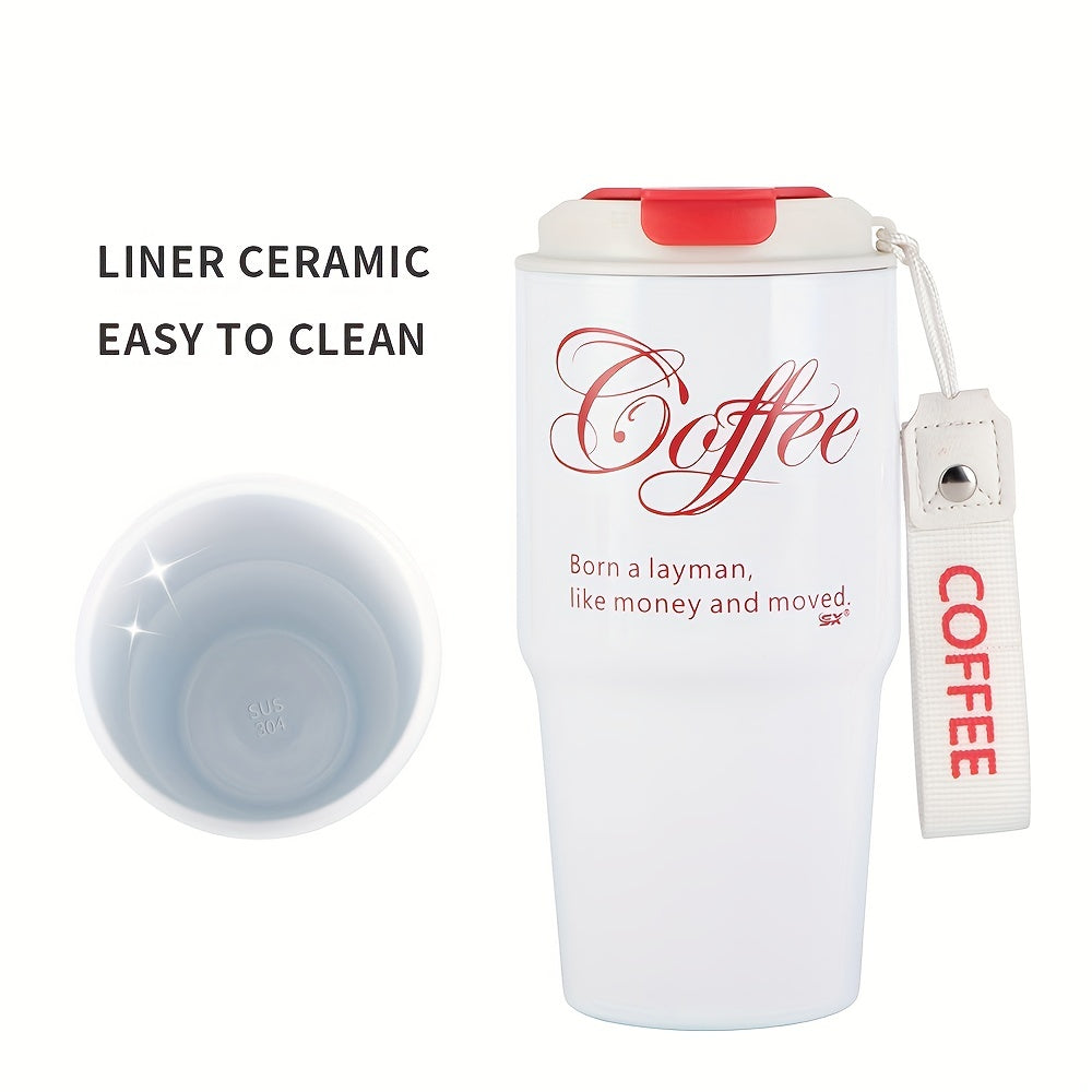 1PC 20oz Coffee Travel Mug With Ceramic Liner, Reusable Coffee Cup, Double Wall Stainless Steel Vacuum Insulated Tumbler, With Leakproof Lid And Portable Rope