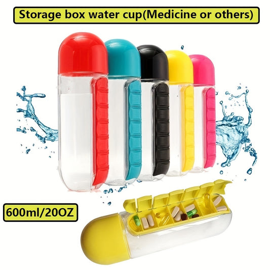 Portable 20oz Water Bottle With Built-in Pill Box, BPA Free Plastic Leak-Proof Bottle Tumbler For Outdoor Camping Travel, Pill Medicine Storage Box