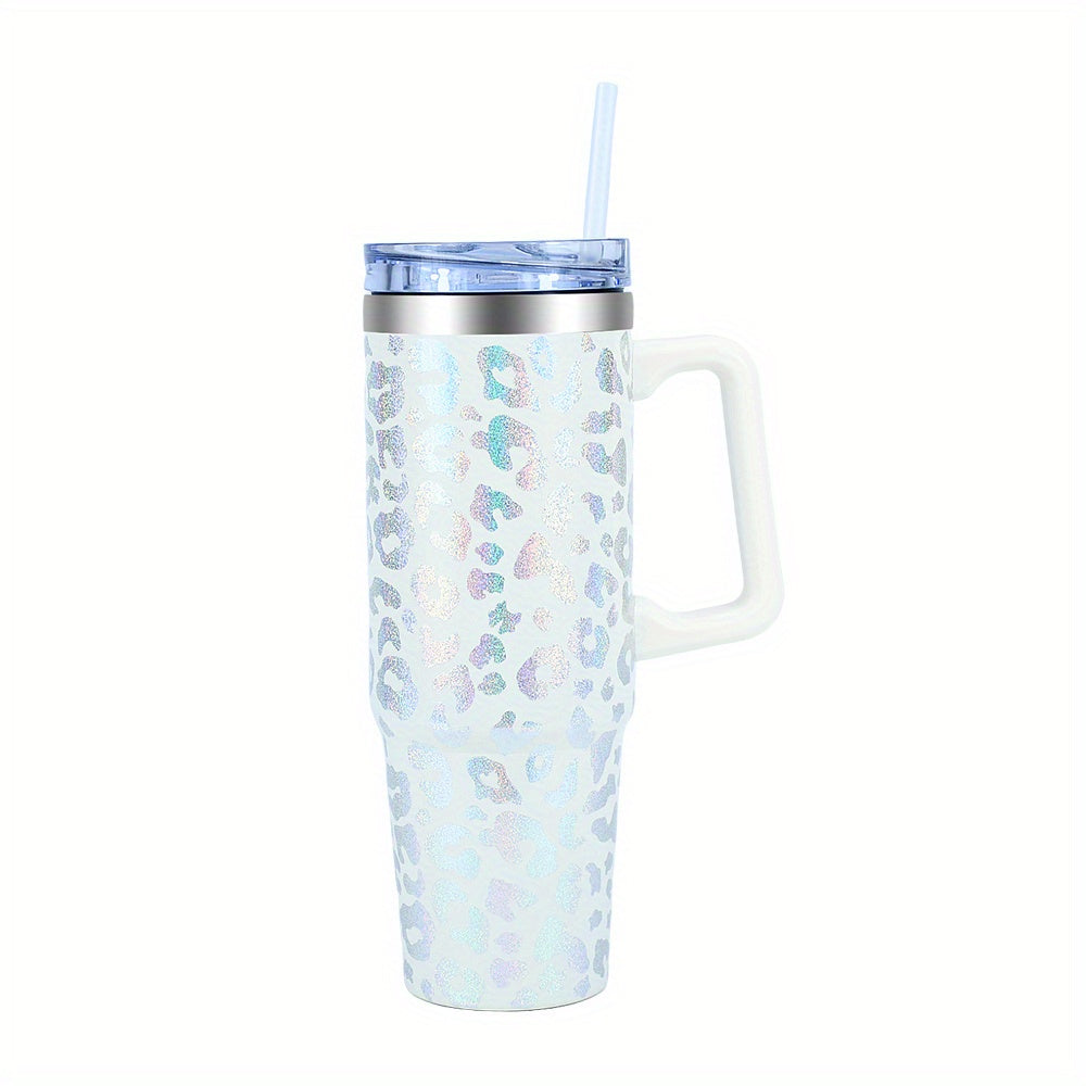 1pc Leopard Print Tumbler With Lid And Straw, 35oz Stainless Steel Thermal Water Bottle With Handle, Stanley Cups, Portable Drinking Cups, For Car, Home, Office, Summer Drinkware, Travel Accessories, Home Kitchen Items
