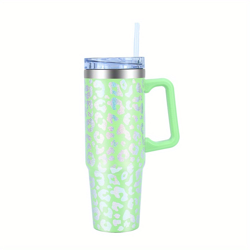 1pc Leopard Print Tumbler With Lid And Straw, 35oz Stainless Steel Thermal Water Bottle With Handle, Stanley Cups, Portable Drinking Cups, For Car, Home, Office, Summer Drinkware, Travel Accessories, Home Kitchen Items