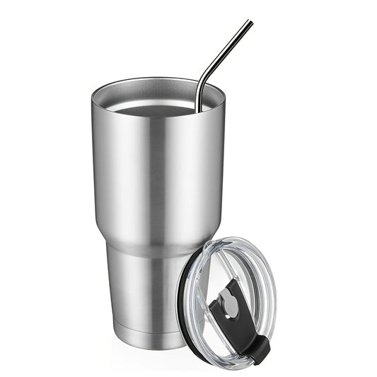 1pc 30 Oz Insulated Travel Coffee Mug With Lids And Straws, Stainless Steel Double Vacuum Coffee Tumbler Cup, For Cold & Hot Drinks, Office, Travel,party Cups (Silvery)