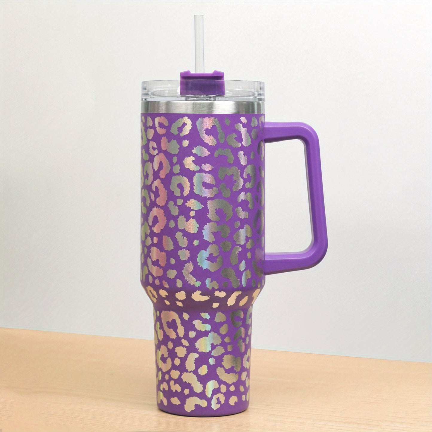 1pc, Leopard Print Tumbler With Lid And Straw, 40oz Stainless Steel Thermal Water Bottle With Handle, Stanly Cups, Portable Drinking Cups, For Car, Home, Office, Summer Drinkware, Travel Accessories, Home Kitchen Items, Birthday Gifts