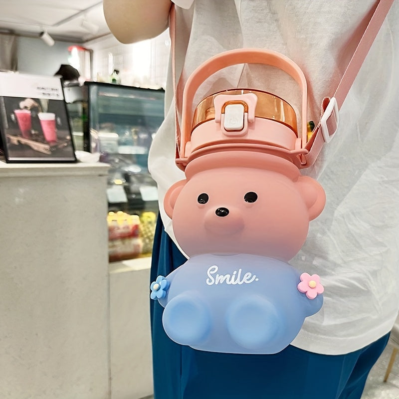 1pc Cute Kawaii Bear Water Bottle - Large Capacity Portable Kettle with Heat-Resistant Straw and Straps for Kids