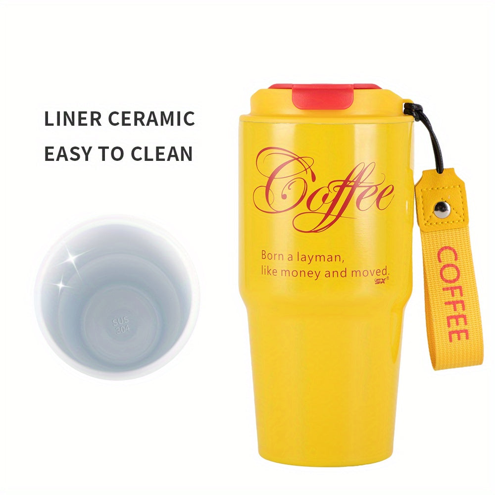 1PC 20oz Coffee Travel Mug With Ceramic Liner, Reusable Coffee Cup, Double Wall Stainless Steel Vacuum Insulated Tumbler, With Leakproof Lid And Portable Rope
