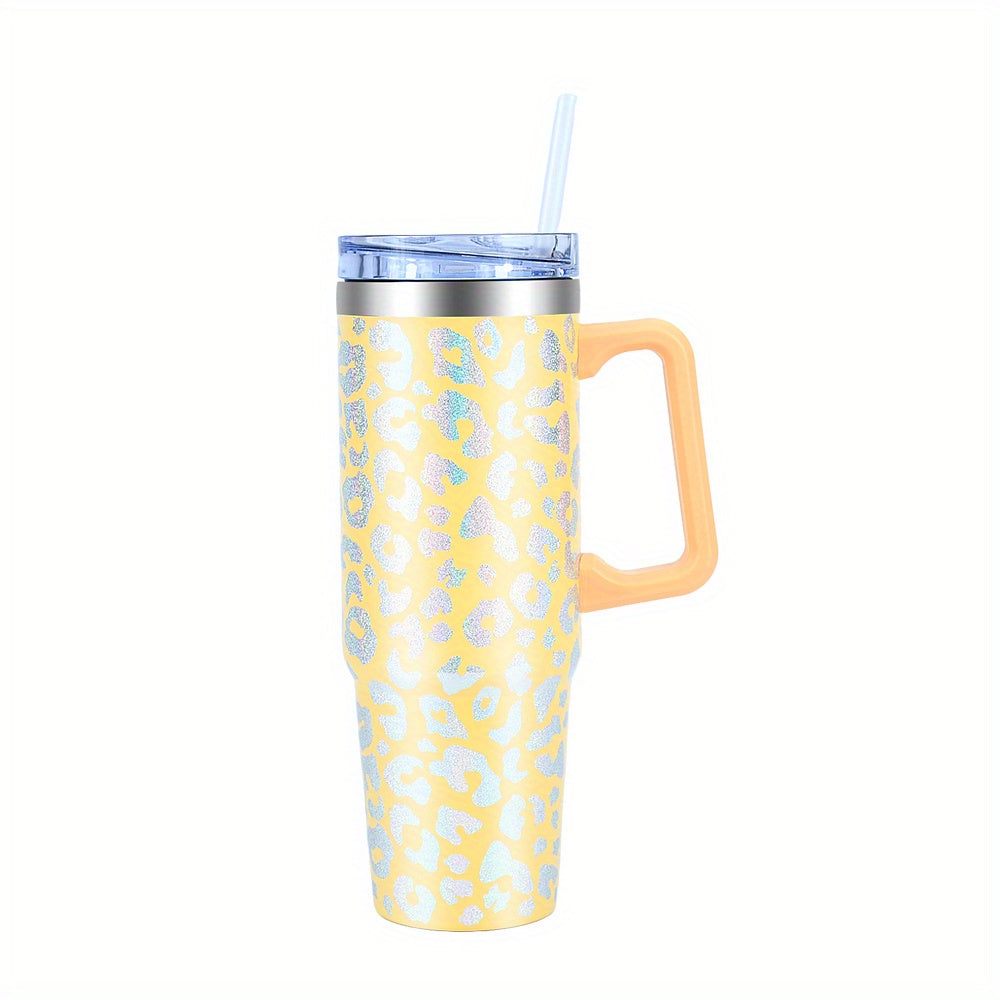 1pc Leopard Print Tumbler With Lid And Straw, 35oz Stainless Steel Thermal Water Bottle With Handle, Stanley Cups, Portable Drinking Cups, For Car, Home, Office, Summer Drinkware, Travel Accessories, Home Kitchen Items