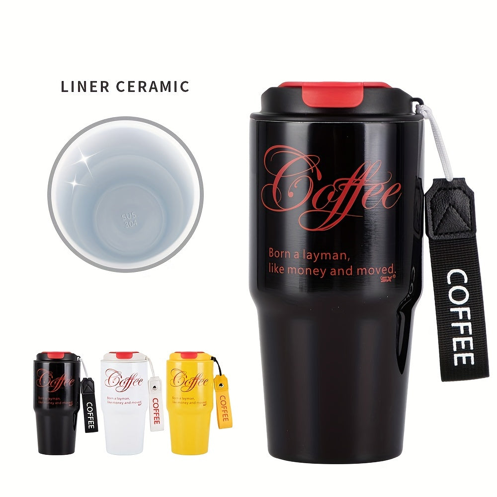 1PC 20oz Coffee Travel Mug With Ceramic Liner, Reusable Coffee Cup, Double Wall Stainless Steel Vacuum Insulated Tumbler, With Leakproof Lid And Portable Rope