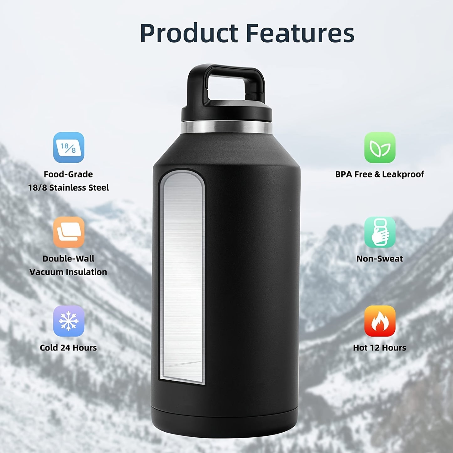 1pc Half Gallon Water Bottle Insulated, 64oz Water Bottle With Handle, Leakproof BPA Free Water Jug, Large Stainless Steel Water Bottle For Sports, Black