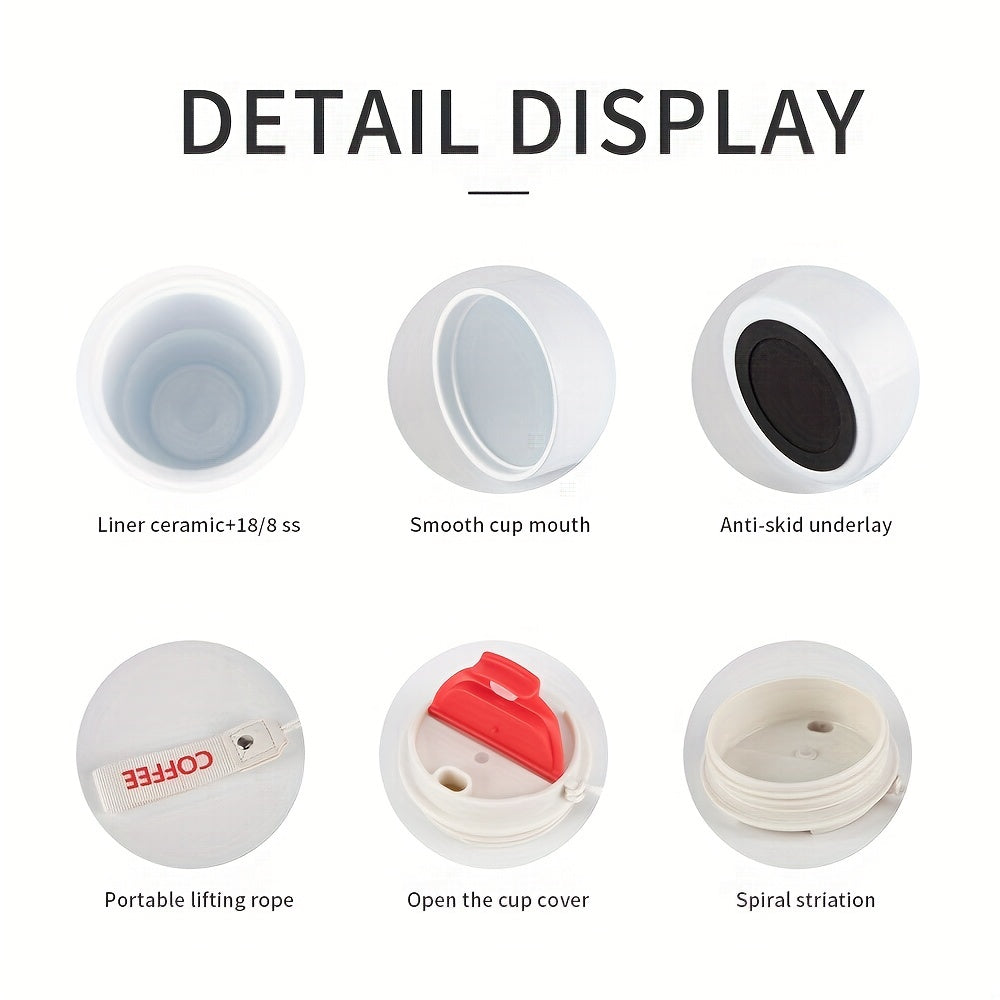 1PC 20oz Coffee Travel Mug With Ceramic Liner, Reusable Coffee Cup, Double Wall Stainless Steel Vacuum Insulated Tumbler, With Leakproof Lid And Portable Rope