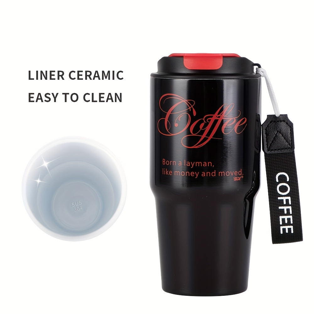 1PC 20oz Coffee Travel Mug With Ceramic Liner, Reusable Coffee Cup, Double Wall Stainless Steel Vacuum Insulated Tumbler, With Leakproof Lid And Portable Rope
