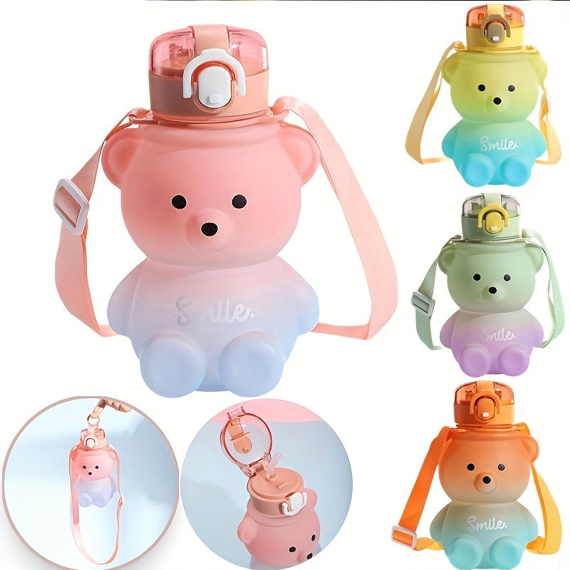 1pc Cute Kawaii Bear Water Bottle - Large Capacity Portable Kettle with Heat-Resistant Straw and Straps for Kids