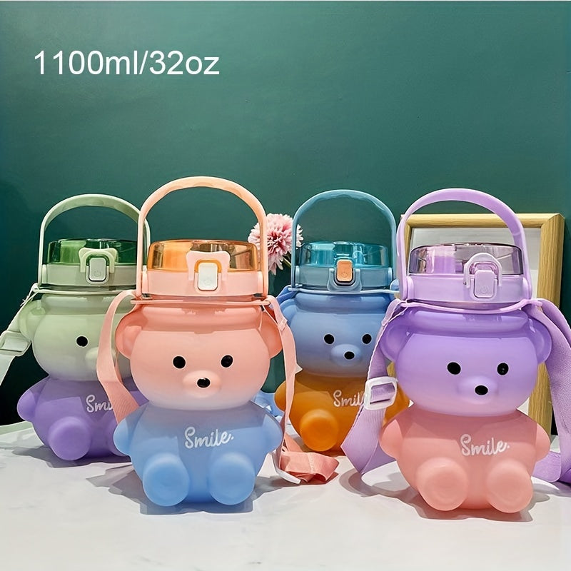 1pc Cute Kawaii Bear Water Bottle - Large Capacity Portable Kettle with Heat-Resistant Straw and Straps for Kids