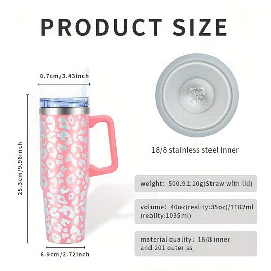 1pc Leopard Print Tumbler With Lid And Straw, 35oz Stainless Steel Thermal Water Bottle With Handle, Stanley Cups, Portable Drinking Cups, For Car, Home, Office, Summer Drinkware, Travel Accessories, Home Kitchen Items