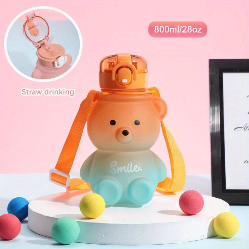 1pc Cute Kawaii Bear Water Bottle - Large Capacity Portable Kettle with Heat-Resistant Straw and Straps for Kids