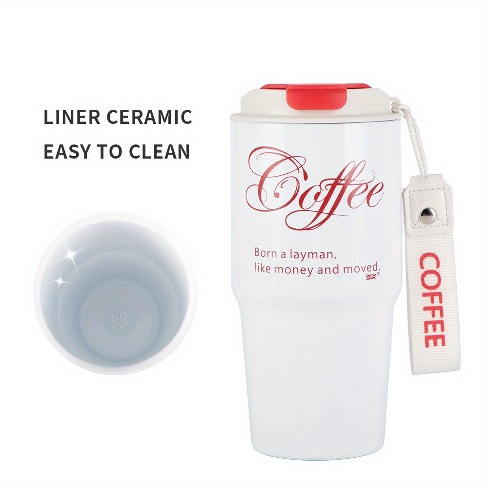 1PC 20oz Coffee Travel Mug With Ceramic Liner, Reusable Coffee Cup, Double Wall Stainless Steel Vacuum Insulated Tumbler, With Leakproof Lid And Portable Rope