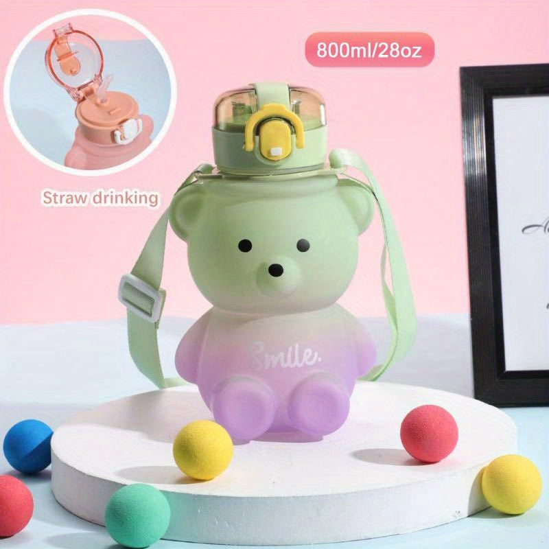 1pc Cute Kawaii Bear Water Bottle - Large Capacity Portable Kettle with Heat-Resistant Straw and Straps for Kids
