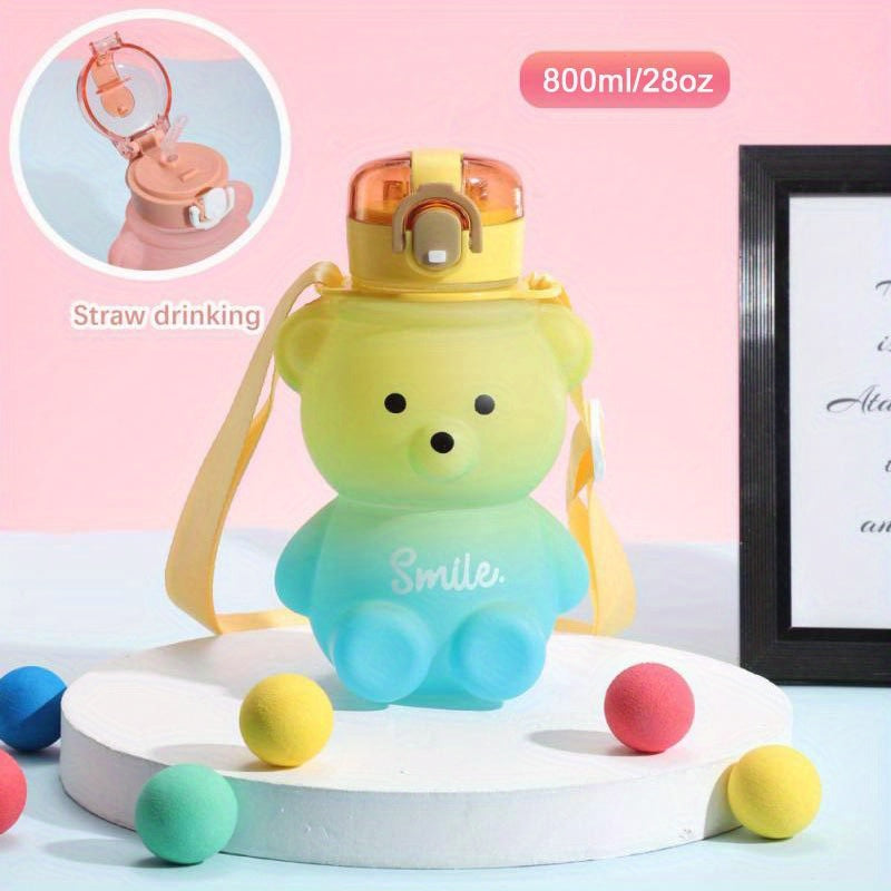 1pc Cute Kawaii Bear Water Bottle - Large Capacity Portable Kettle with Heat-Resistant Straw and Straps for Kids