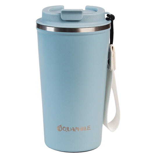 Aquaphile Thermo Coffee Mug-to-go with Strap 17oz, Reusable Travel Mug with Insulation, Leak Proof Stainless Steel Thermal Cup for Hot and Cold Drinks