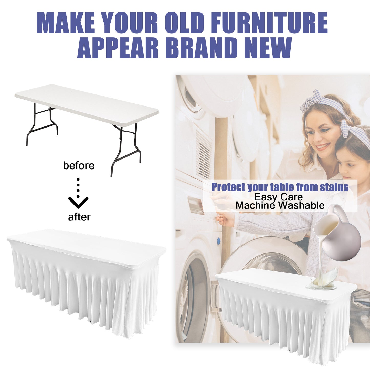 SUNTQ Table Skirt for Rectangle Tables 6ft , Fitted Table Cover for 6 foot table, White Table Cloth for 6 ft Table with Skirt, Wrinkle Resistant Spandex Table Skirt and Table Cloths for Parties