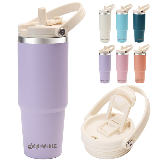 AQUAPHILE 20/30 oz Insulated Water Bottles with Straw Lid, Double Walled Vacuum Stainless Steel Travel Tumbler with Handle and Straw, Wide Mouth Thermos Bottle