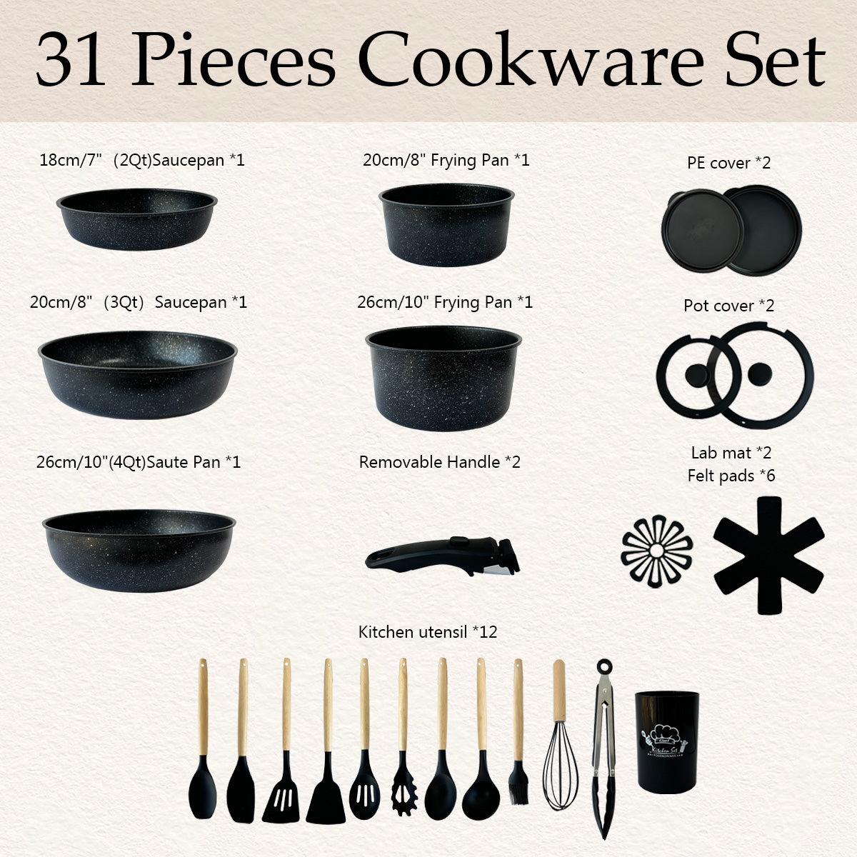 AQUAPHILE 31/35-piece kitchen non stick cookware set, including baking tools set, stackable, suitable for dishwasher and steamer