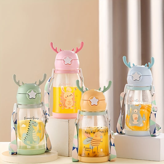 1pc 20.29oz\u002F600ml Antler Plastic Water Bottle With Straw, Cartoon Cute Travel Sports Water Cup For Children Men Women, Children's Day Gift, Christmas Gift