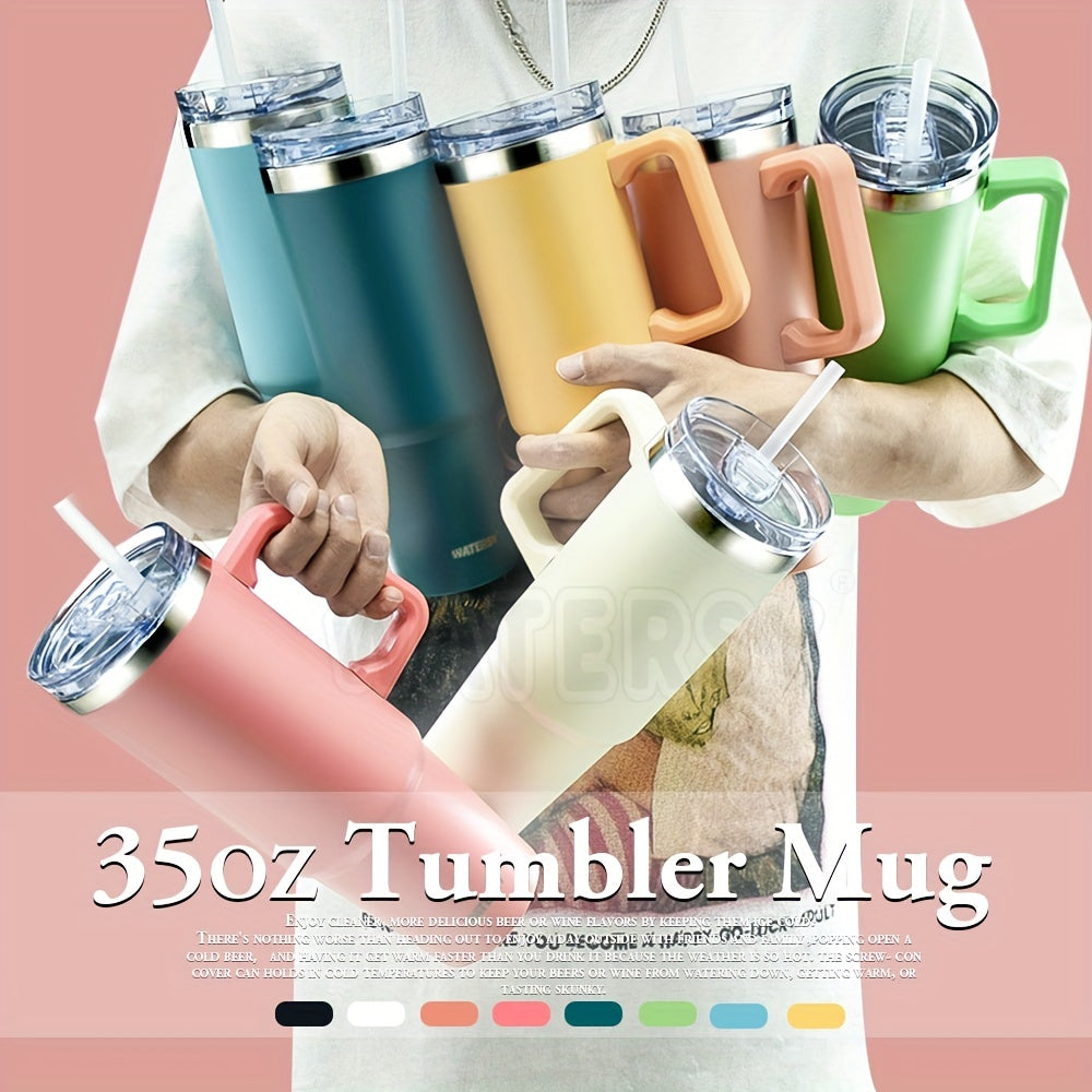 1pc 35 Oz Tumbler With Handle And Straw Lid | Insulated Cup Reusable Stainless Steel Water Bottle Travel Mug Cup Holder Friendly | Gifts For Women Men Him Her | Trek Collection Powder Coat Color