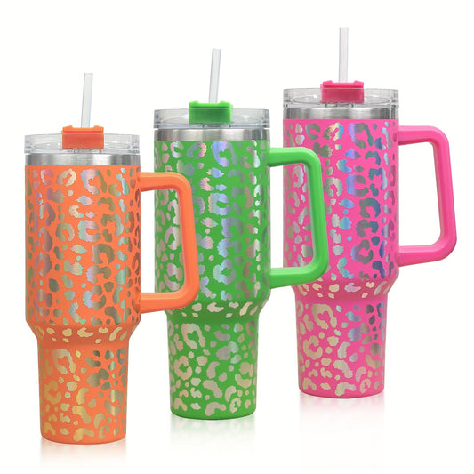 1pc, Leopard Print Tumbler With Lid And Straw, 40oz Stainless Steel Thermal Water Bottle With Handle, Stanly Cups, Portable Drinking Cups, For Car, Home, Office, Summer Drinkware, Travel Accessories, Home Kitchen Items, Birthday Gifts
