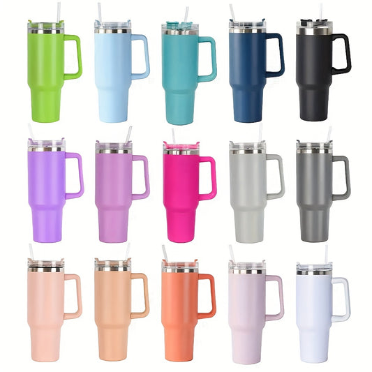 1pc Reusable Vacuum Tumbler With Straw 40oz, Double Layer Stainless Steel Insulated Drinking Cup, Car Handy Mug With Handle