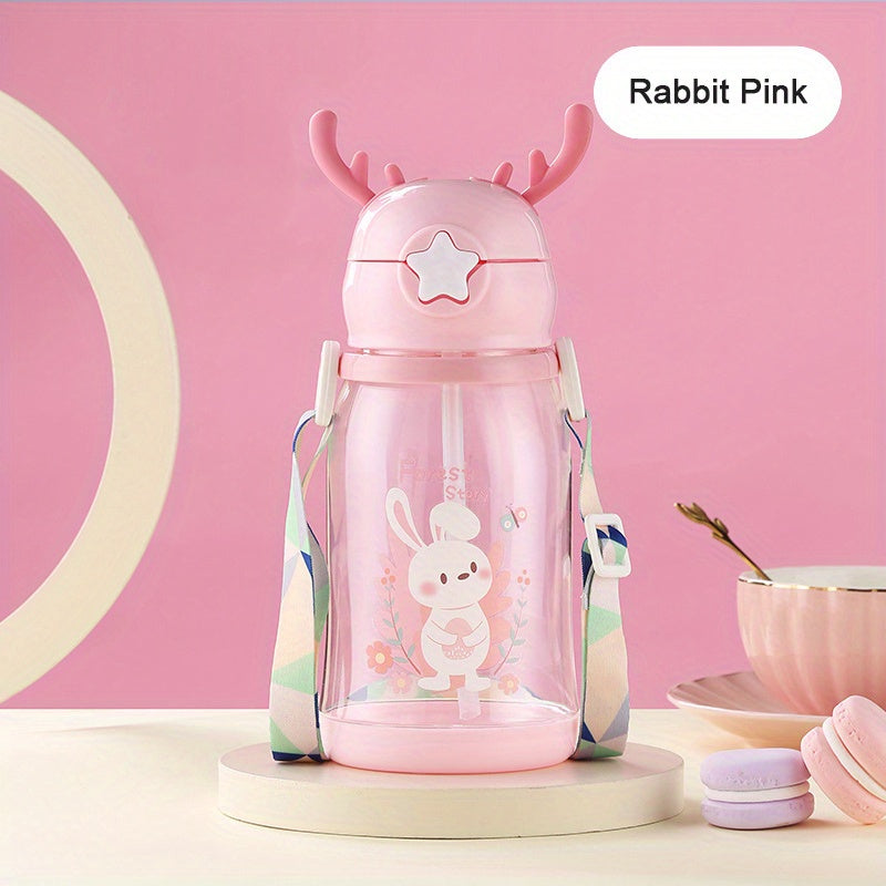 1pc 20.29oz\u002F600ml Antler Plastic Water Bottle With Straw, Cartoon Cute Travel Sports Water Cup For Children Men Women, Children's Day Gift, Christmas Gift