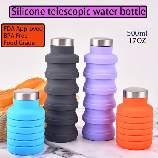 1pc Foldable Reusable Silicone Water Bottles, 17oz Portable Leakproof Water Cup With Lid For Camping, Hiking, Outdoor Indoor Gym Sports, Best Birthday Gift, Christmas Gift