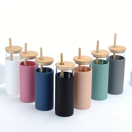 1pc Glass With Straw Silicone Protective Sleeve Bamboo Lid, BPA Free Leakproof Water Bottle