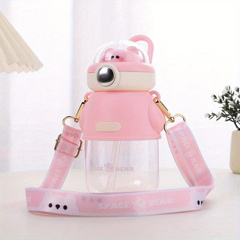 19oz\u002F620ml Cartoon Space Bear Straw Cup, Portable Plastic Kawaii Leakproof Water Bottle For Boys Girls Childrens Kids Home School Outdoor Sports Running Fitness